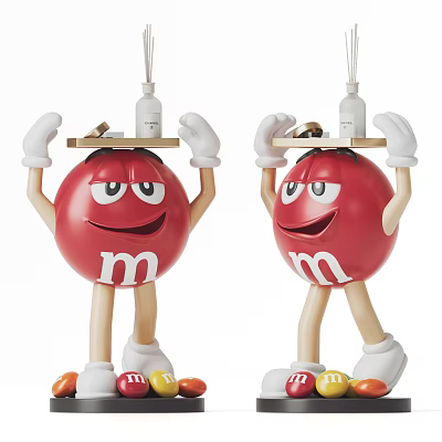 Red M&M Shaped Decorative Ornament Set With Arms Legs White Gloves And Small Wooden Plank 3d model