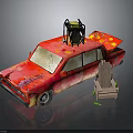 Red Worn Car With Equipment On Roof And Wooden Chair Nearby Debris