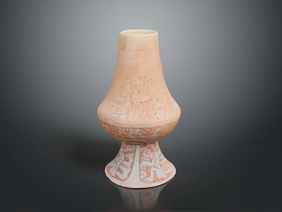 Carved Vase Sculpture with Intricate Traditional Patterns and Red Accents 3d model