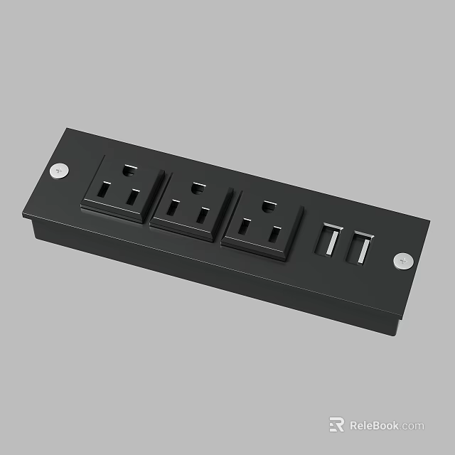 Black Electrical Power Strip With Three AC Outlets And Two USB Ports 3d model 