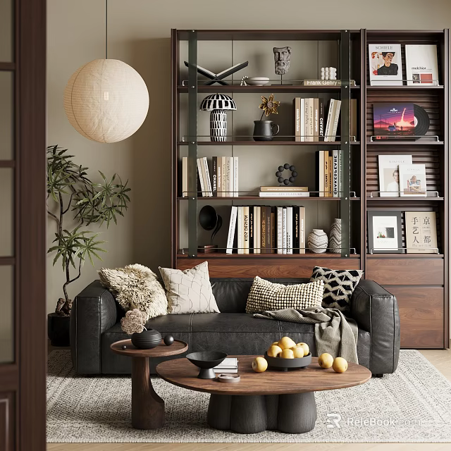 Cozy Study Room Interior with Comfortable Sofa Pillows Bookshelf Books Coffee Table Lemons and Plant 3d model 