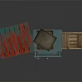 Furniture Gray Open Shelf With Red Top Green Cabinet Stacked Brown Boxes Open Wooden Crate
