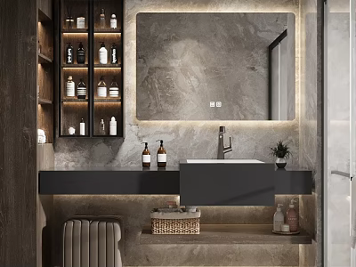 Modern Bathroom Vanity Design With Large Mirror Sink Toiletries And LED Lighting 3d model