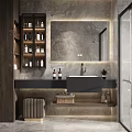 Modern Bathroom Vanity Design With Large Mirror Sink Toiletries And LED Lighting