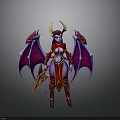Fantasy Character With Purple Skin Golden Horns Bat Wings Red Gold Armor And Weapon