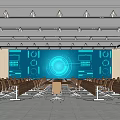 Modern Conference Room with Large Digital Screen Displaying Tech Interface Long Tables and Chairs 3d model