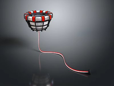 Red And White Circular Device With Striped Design And Cable On Dark Surface 3d model