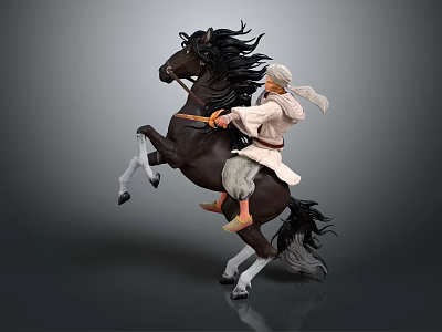 Game Movie Character In White Robe With White Hair Riding Rearing Black Horse 3d model