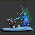 Two Women Standing On Ice Platform With Blue Ice Sculpture Green Glowing Auras
