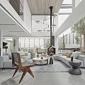 Modern Living And Dining Room Interior With Open Space Sofa Coffee Table Fireplace And Skylight