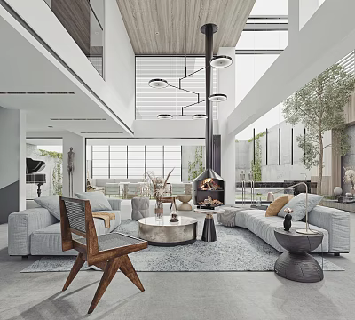 Modern Living And Dining Room Interior With Open Space Sofa Coffee Table Fireplace And Skylight 3d model