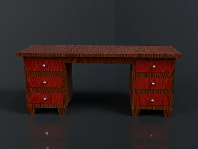 Simple Wooden Desk with Brown Top Red Drawers and Silver Knobs 3d model