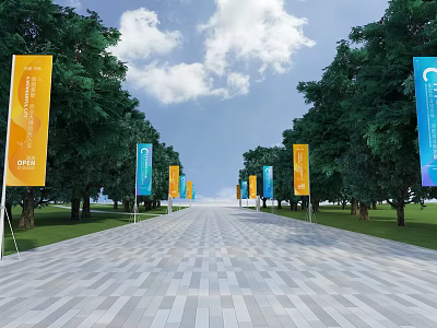 Wide Stone Pathway With Green Trees On Both Sides And Colorful Banners Under Blue Sky 3d model
