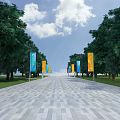 Wide Stone Pathway With Green Trees On Both Sides And Colorful Banners Under Blue Sky