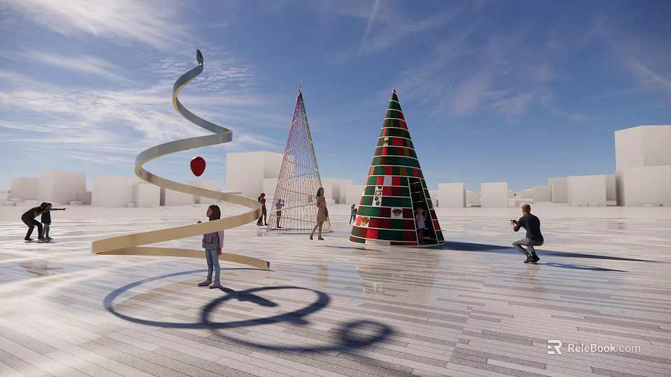 Commercial Landscape Design Featuring Spiral Conical Art Installations And People In Open Space 3d model 
