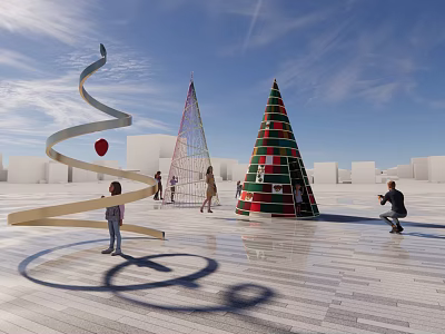 Commercial Landscape Design Featuring Spiral Conical Art Installations And People In Open Space 3d model