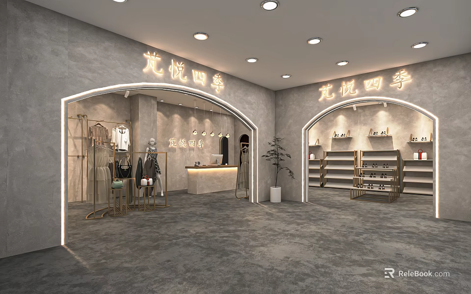 Modern Fashion Clothing Store Interior With Display Racks Clothing Displays And Cash Counter 3d model 