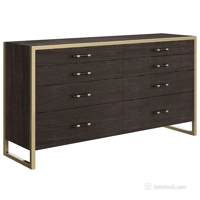 Elegant Modern Dark Wood Dresser With Gold Handles And Metal Frame Design 3d model 