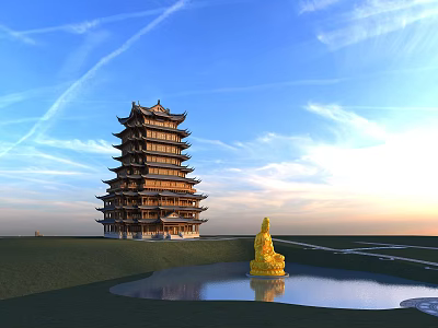Traditional Chinese Multi Story Wooden Tower With Yellow Statue And Pond Under Blue Sky 3d model
