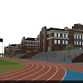 Red Brick School Building with Blue Roof Red Running Track and Sports Field