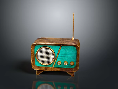 Vintage Radio Wooden Frame Turquoise Panel With Antenna And Knobs On Reflective Surface 3d model