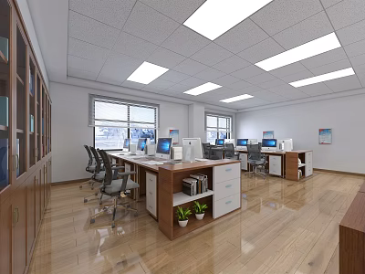 Modern Public Office Space With Open Layout Desks Computers Chairs Bookshelves And Windows 3d model