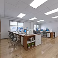 Modern Public Office Space With Open Layout Desks Computers Chairs Bookshelves And Windows
