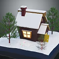 Cartoon Winter Scene With Snow Covered Cottage Pine Trees And Happy New Year