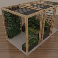 Wooden Garden Pergola With Slatted Roof Green Plants And Planter Boxes