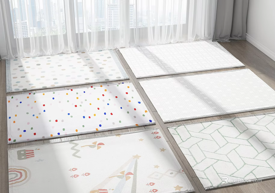 Square Rugs With Colorful Dots Geometric And Cartoon Patterns In Bright Indoor Area 3d model 