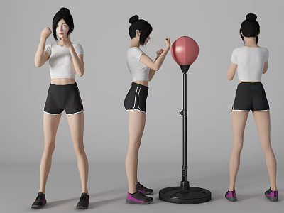 Woman Hitting Red Speed Bag In White Top Black Shorts During Training 3d model