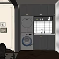 Home Balcony With Gray Cabinets Washing Machine Dryer Lighting Strip And White Tiled Backsplash