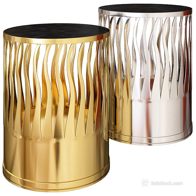 Stylish Gold And Silver Side Tables With Wave Design And Black Top 3d model 