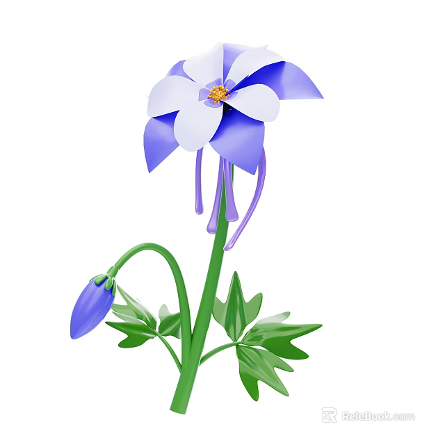 Flower Plant With Blue And White Petals Yellow Stamen Green Stem And Leaves 3d model 