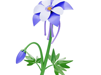 Flower Plant With Blue And White Petals Yellow Stamen Green Stem And Leaves 3d model