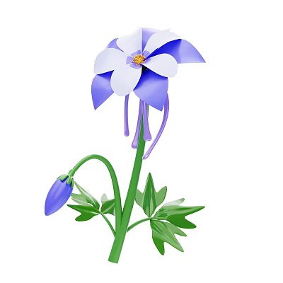 Flower Plant With Blue And White Petals Yellow Stamen Green Stem And Leaves 3d model