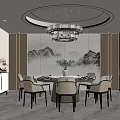 Elegant Restaurant Interior With Round Dining Table Chairs Chandelier And Landscape Wall Art