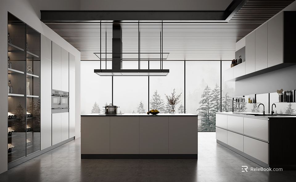 Contemporary White Kitchen With Large Windows And Hanging Range Hood 3d model 