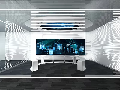 Modern Exhibition Hall With Open Layout Glass Walls Large Screen Data Interface And White Seats 3d model