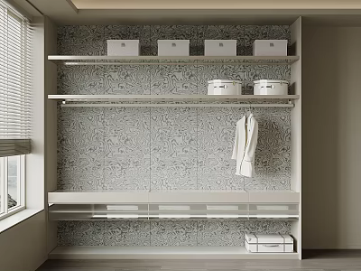 Modern White Wardrobe Interior With Open Shelves Storage Boxes Hanging Robe And Patterned Background 3d model