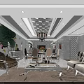 Private Room Interior Design With Chandelier Dining Table Sofa And Decorative Painting