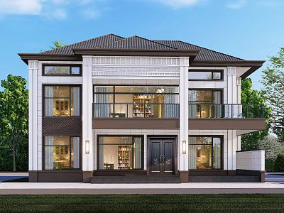 Detached Villa Two Story Modern Design White Exterior Dark Roof Large Windows And Green Trees 3d model