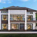 Detached Villa Two Story Modern Design White Exterior Dark Roof Large Windows And Green Trees