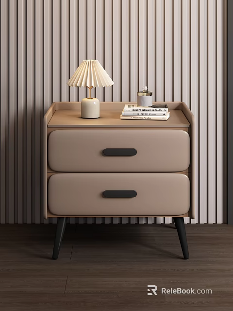 Modern Minimalist Bedside Table With Beige Drawers Black Handles Table Lamp And Books 3d model 
