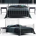 Double Bed With Metal Frame Tall Posts Dark Green Sheets And Decorative Pillows 3d model