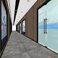 Modern Elevator Corridor With Wooden Walls Glass Doors Gray Floor And End Lighting
