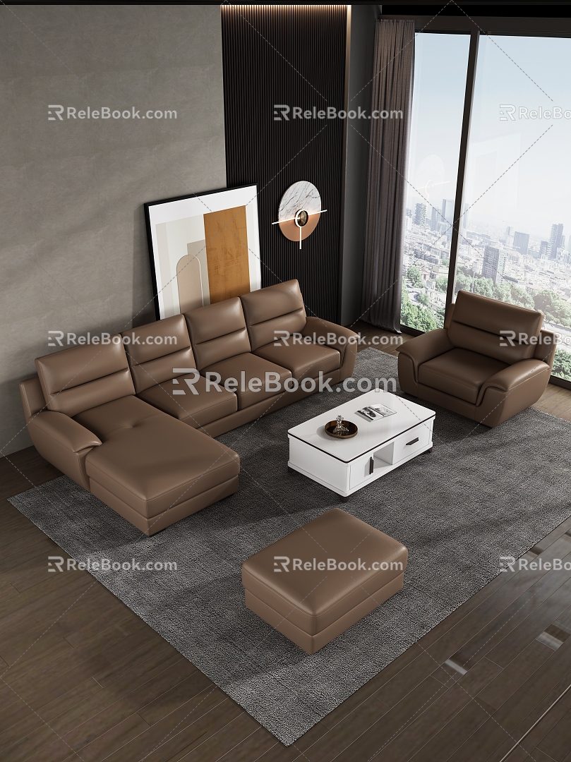 Bedroom Italian Multi-Person Leather Sofa Chaise Chaise Single-Person Sofa Pedal Coffee Table Combination 3d model