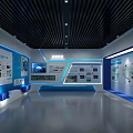 Modern Exhibition Hall Interior With Blue Display Walls Digital Screens Maps Lighting And Information Charts