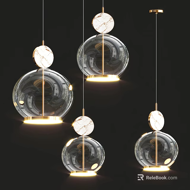 Modern Transparent Glass Chandelier With Gold Metal Frame And Marble Accent Lighting Design 3d model 