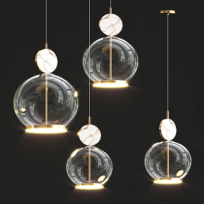 Modern Transparent Glass Chandelier With Gold Metal Frame And Marble Accent Lighting Design 3d model